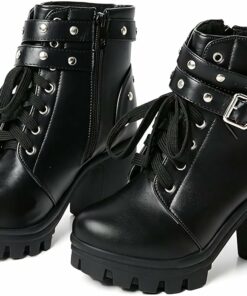 Buckle Chunky Heel Black Ankle Combat Boots SA97