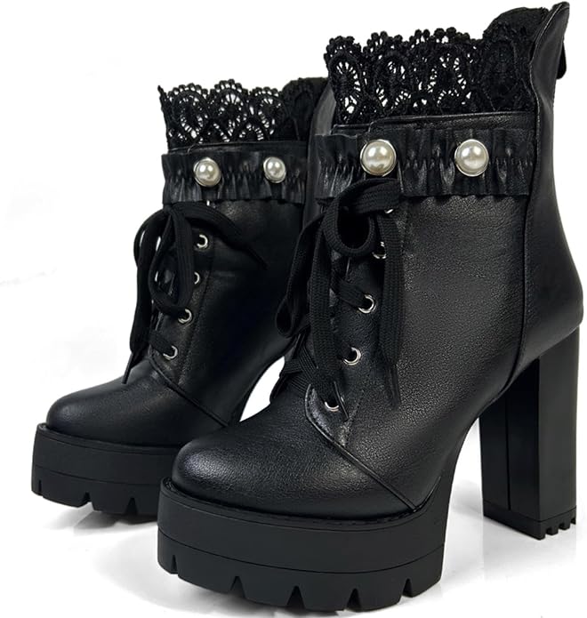 Fashion Pearl Black Combat Boots SA85