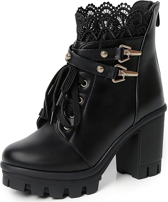Goth Black Ankle Combat Booties SA97